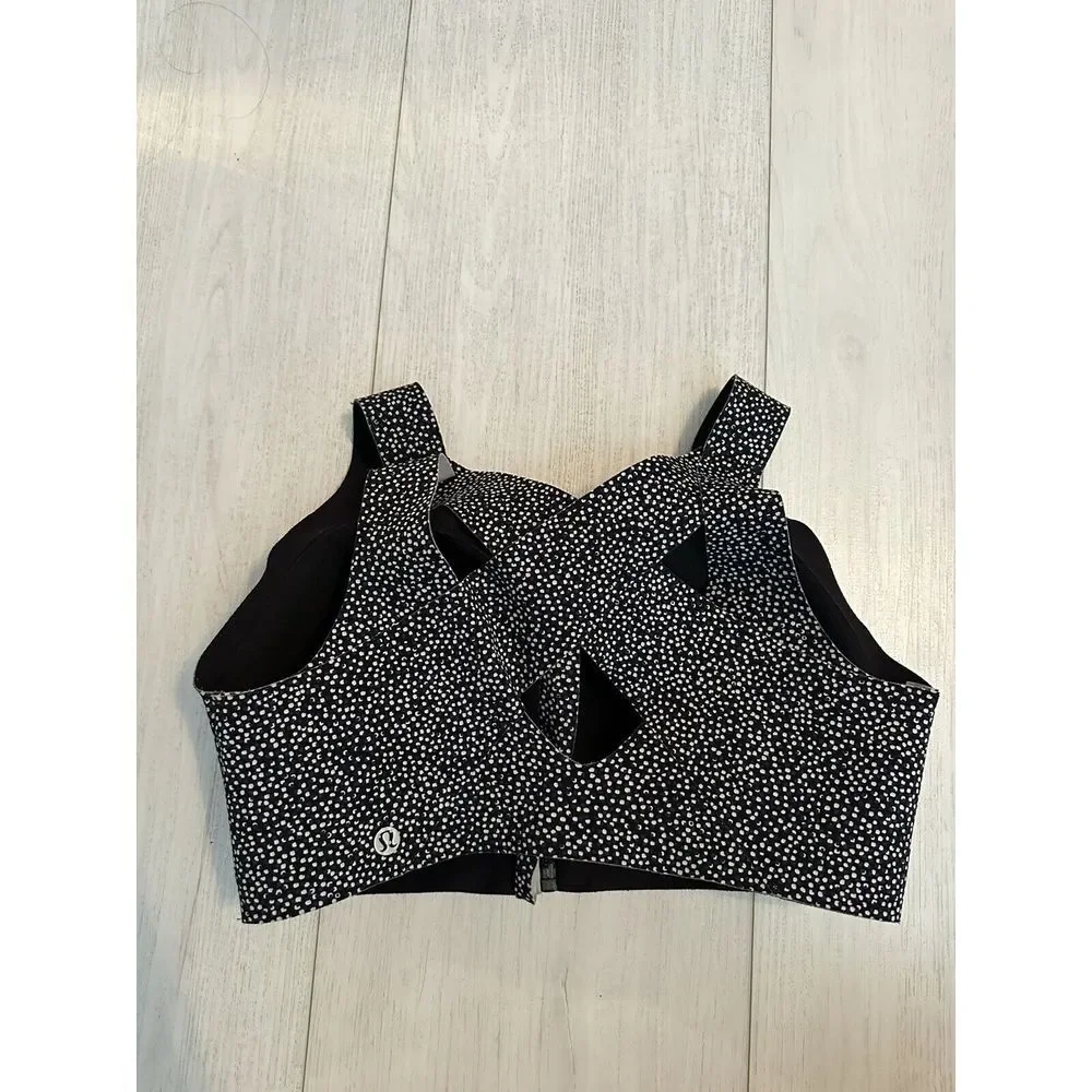 LULULEMON Enlite Bra Sz 34DD Front Zip Double Dimension Starlight‎ Black White